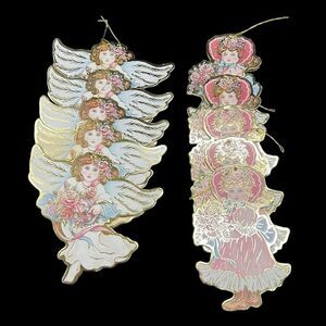 Vintage Pink Ornaments Victorian Angels Little Girl Cardboard Metallic Set of 10